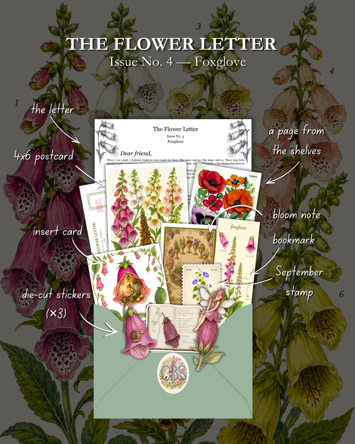 The Flower Letter envelope, opened to show the pressed-flower letter inside